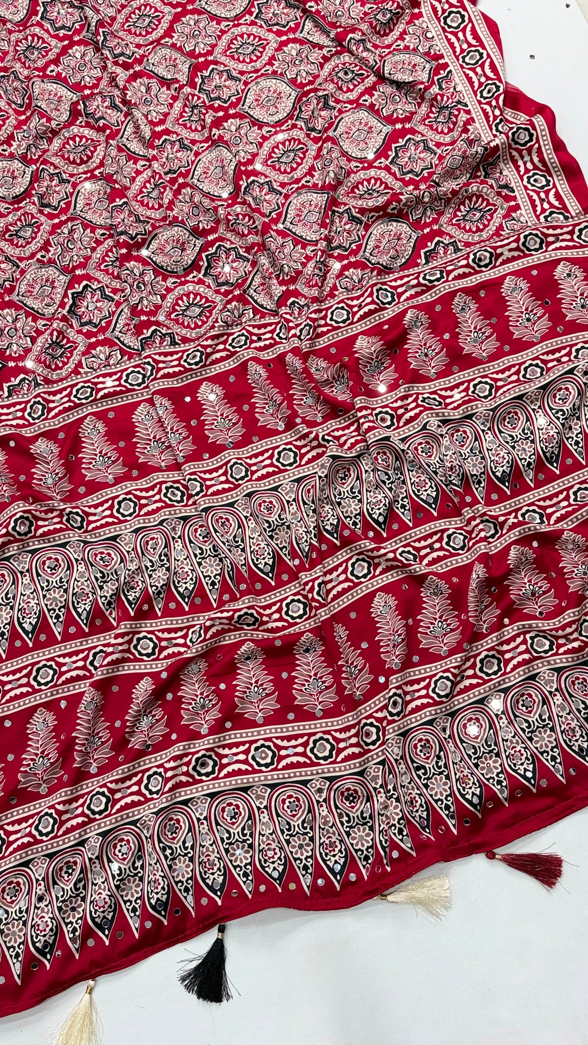 Ajrakh Block Printed Modal Satin Saree with Mirror Work - IMG-20260819-WA0121.jpg