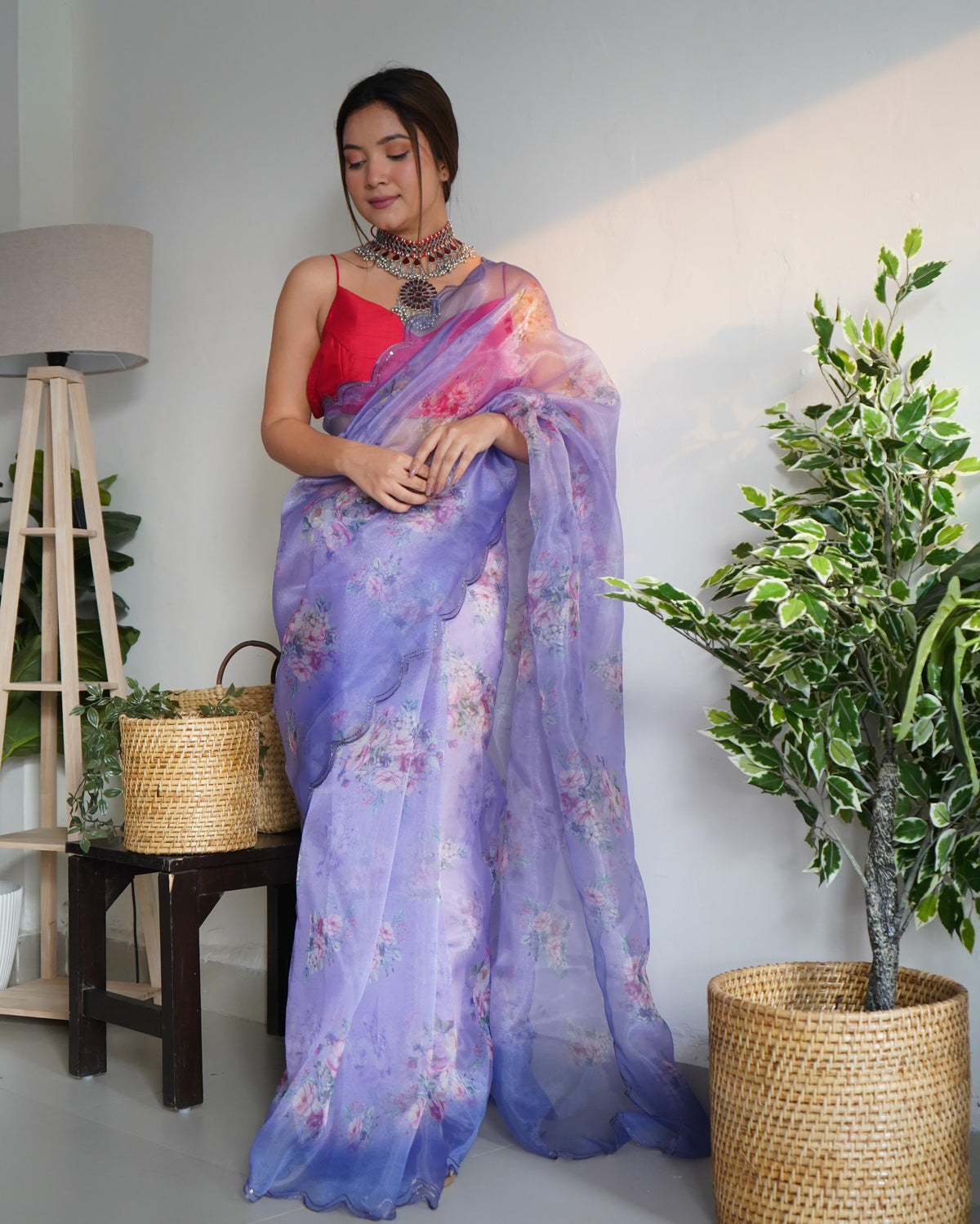 Organza Silk Saree with Floral Print and Raw Silk Blouse - Lavender Organza Silk Saree With Floral Print and Raw Silk Blouse 3