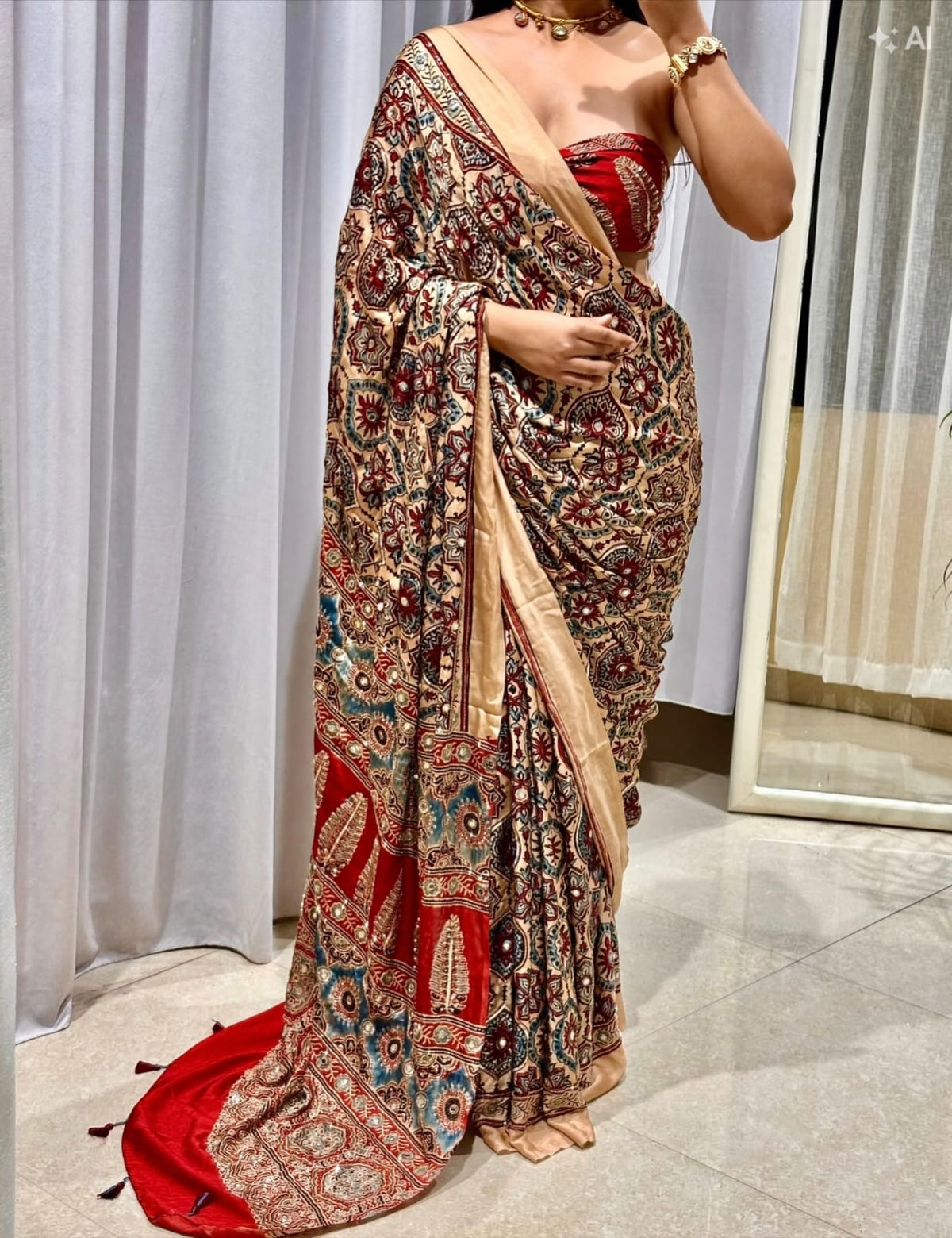 Cream Ajrakh Pure Gajji Saree with Mirror Work - IMG-20260823-WA0147.jpg