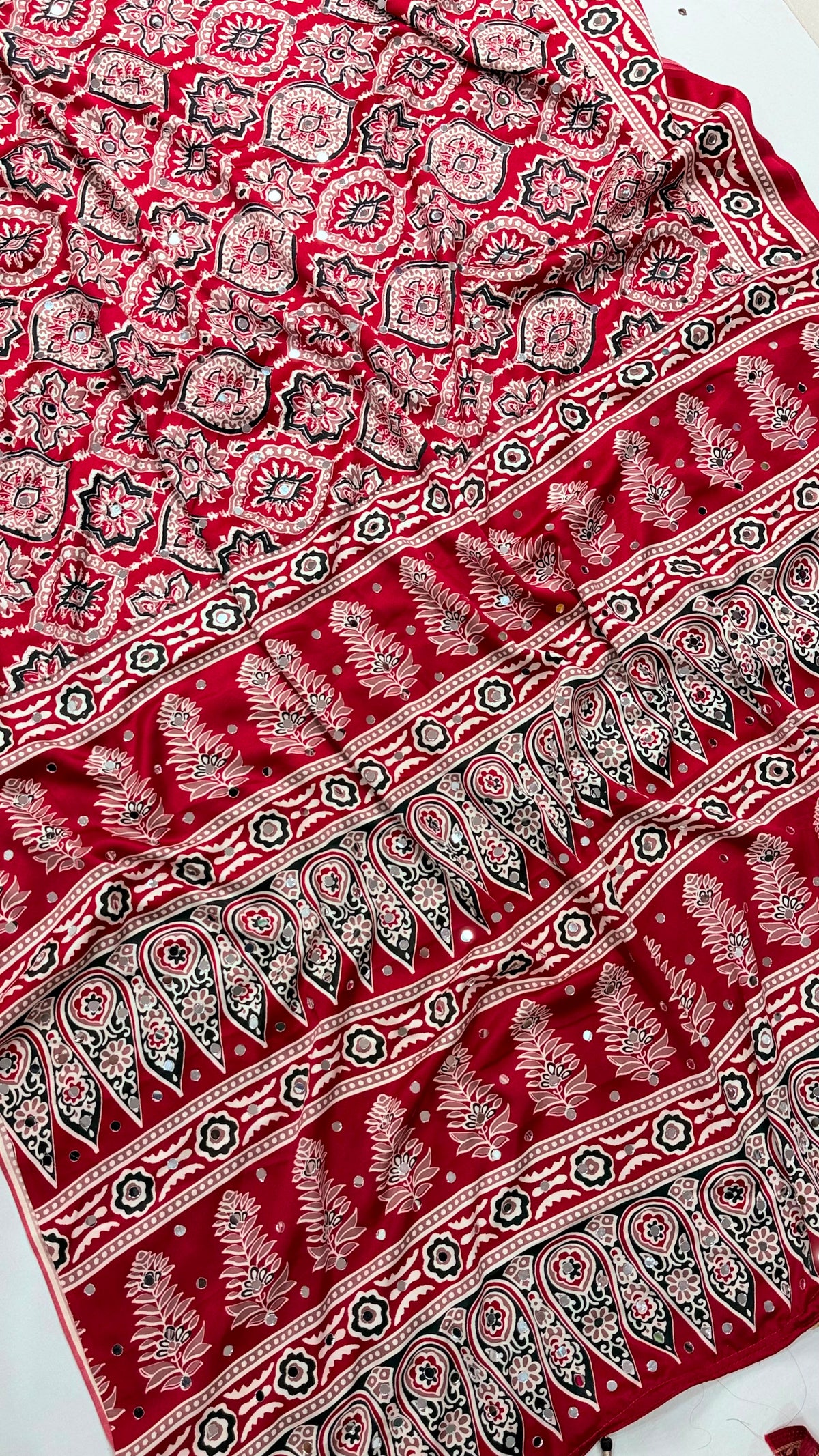 Ajrakh Block Printed Modal Satin Saree with Mirror Work - IMG-20260819-WA0113.jpg